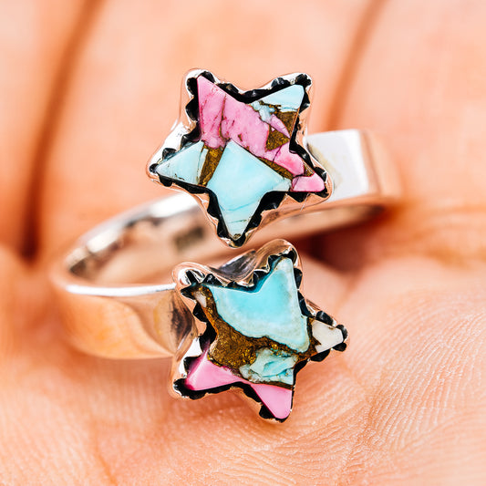 Southwestern Style Cotton Candy Turquoise Star Ring Size 6 Adjustable (.925 Sterling Silver)