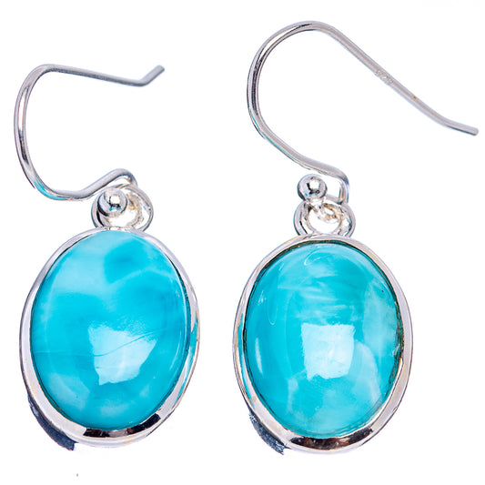 Oval blue larimar cabochon drop earrings in .925 sterling silver with French hook backs