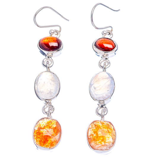 Sterling silver dangle earrings with red top, opalescent white middle, orange bottom stones