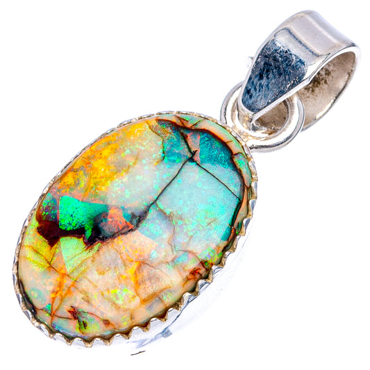 Sterling silver oval opal pendant with bezel setting, teal and gold color flashes