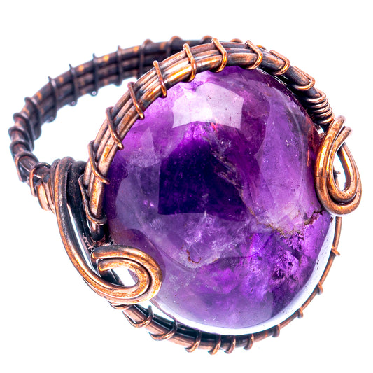 Oxidized copper wire wrap ring with purple amethyst cabochon stone, size 7.5.