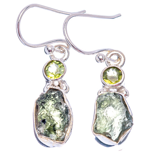 Moldavite earrings in .925 sterling silver, round green tops with textured pale-green drops