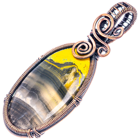 Oxidized copper wire-wrap pendant with long oval yellow, black, and gray jasper and spiral bezel