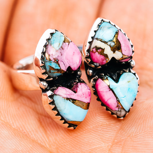 Adjustable heart ring with turquoise and pink marquise stones in black bezel setting