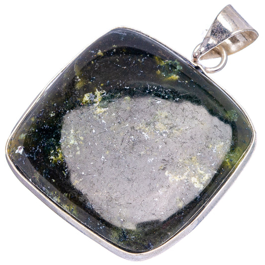 Silver-plated pendant with black-and-green jasper stone, square cabochon, silver bail.
