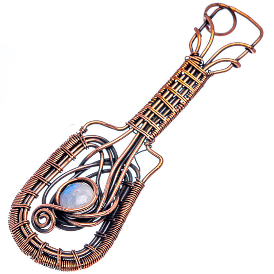 Oxidized copper wire-wrapped moonstone pendant with oval iridescent cabochon.