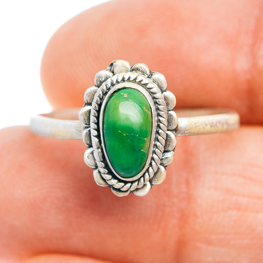 Sterling silver turquoise oval ring with raised bezel, scalloped edge, green stone