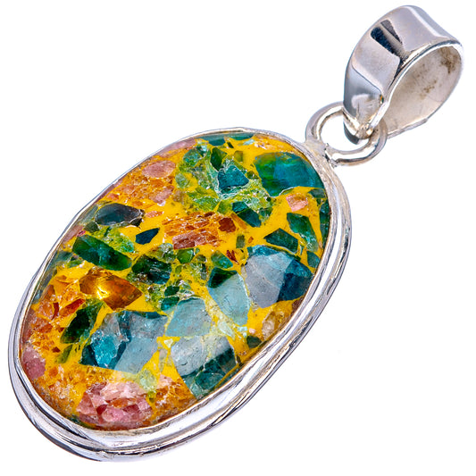Tourmaline matrix pendant with oval multicolor stone cabochon and .925 sterling silver bail