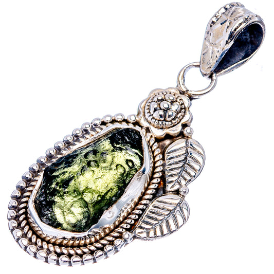 Sterling silver moldavite pendant with green teardrop stone and leaf border