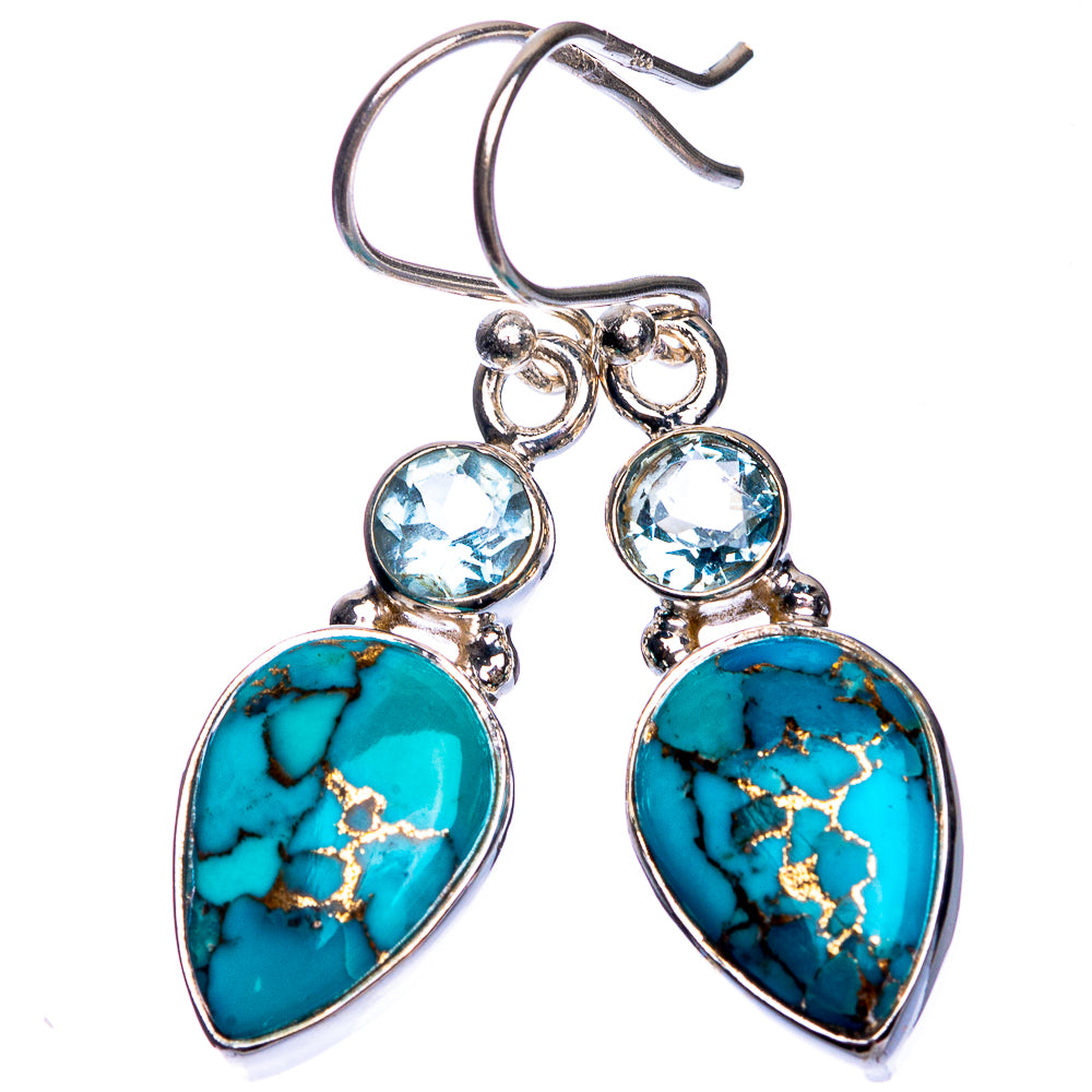 Sterling silver drop earrings with blue topaz round stones and turquoise teardrops