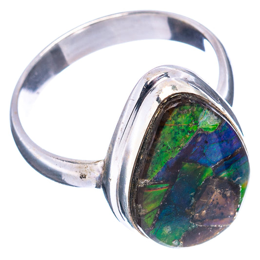 Sterling silver ammolite ring with raised bezel oval stone in green, blue and purple hues