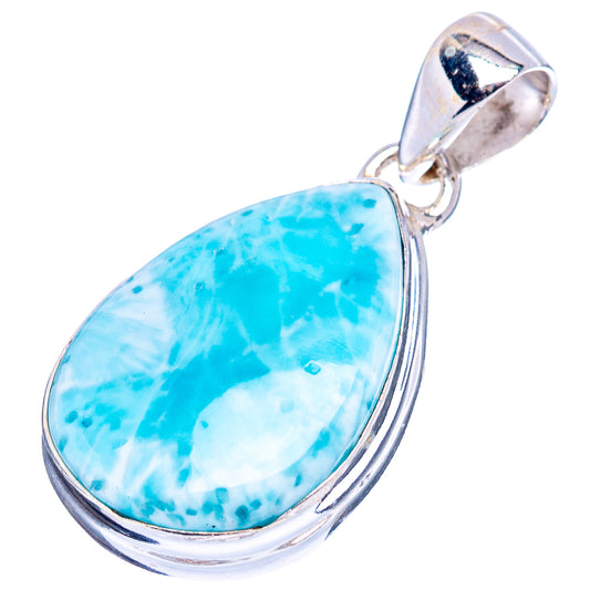 Sterling silver teardrop larimar pendant with open bail, bright sky-blue marbled stone.