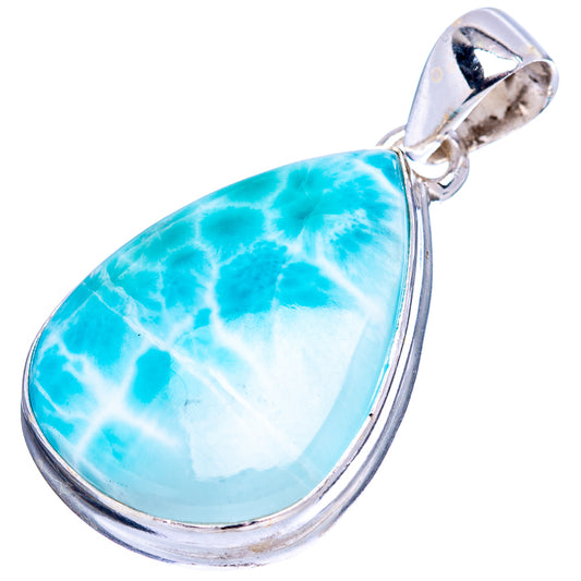Larimar teardrop pendant in .925 sterling silver bezel, side view