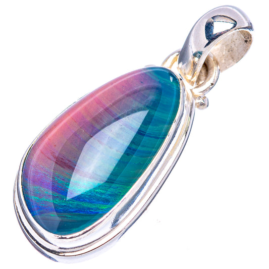 Oval opal pendant in .925 sterling silver bezel, rainbow blue-green and pink iridescence