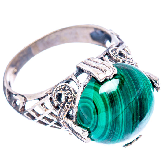 Oval green malachite cabochon sterling silver ring with raised filigree crown