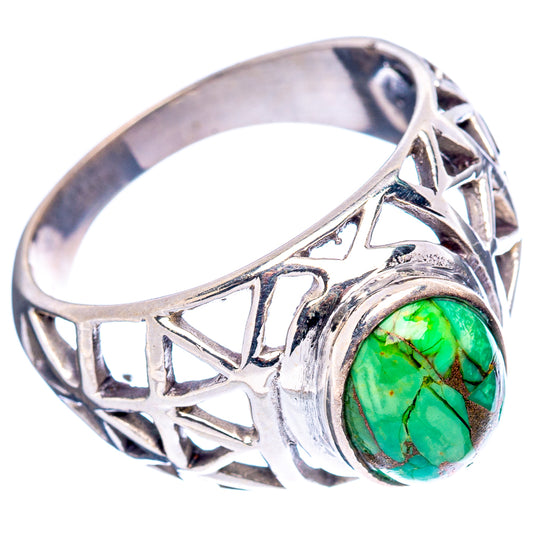 Sterling silver filigree ring with green turquoise round cabochon, size 9.75