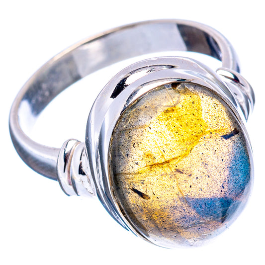 Sterling silver labradorite ring with oval cabochon, size 7.75, yellow-blue sheen