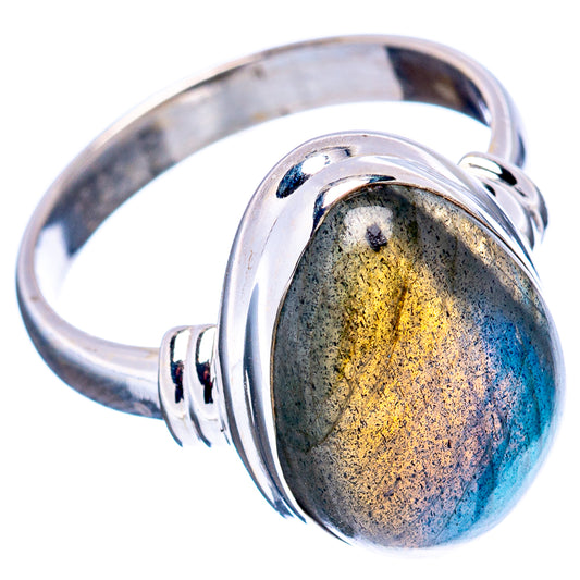 Labradorite ring with oval yellow-blue sheen gemstone and round silver bezel