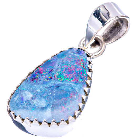 Sterling silver teardrop opal pendant, serrated bezel, blue and multicolor iridescence