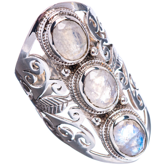 Sterling silver openwork ring with three oval moonstones and raised halo settings