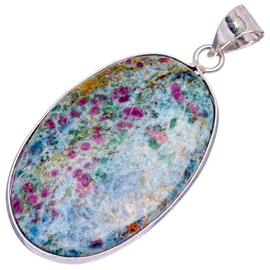 Oval kyanite stone pendant, multicolor flecked face with silver-toned top loop