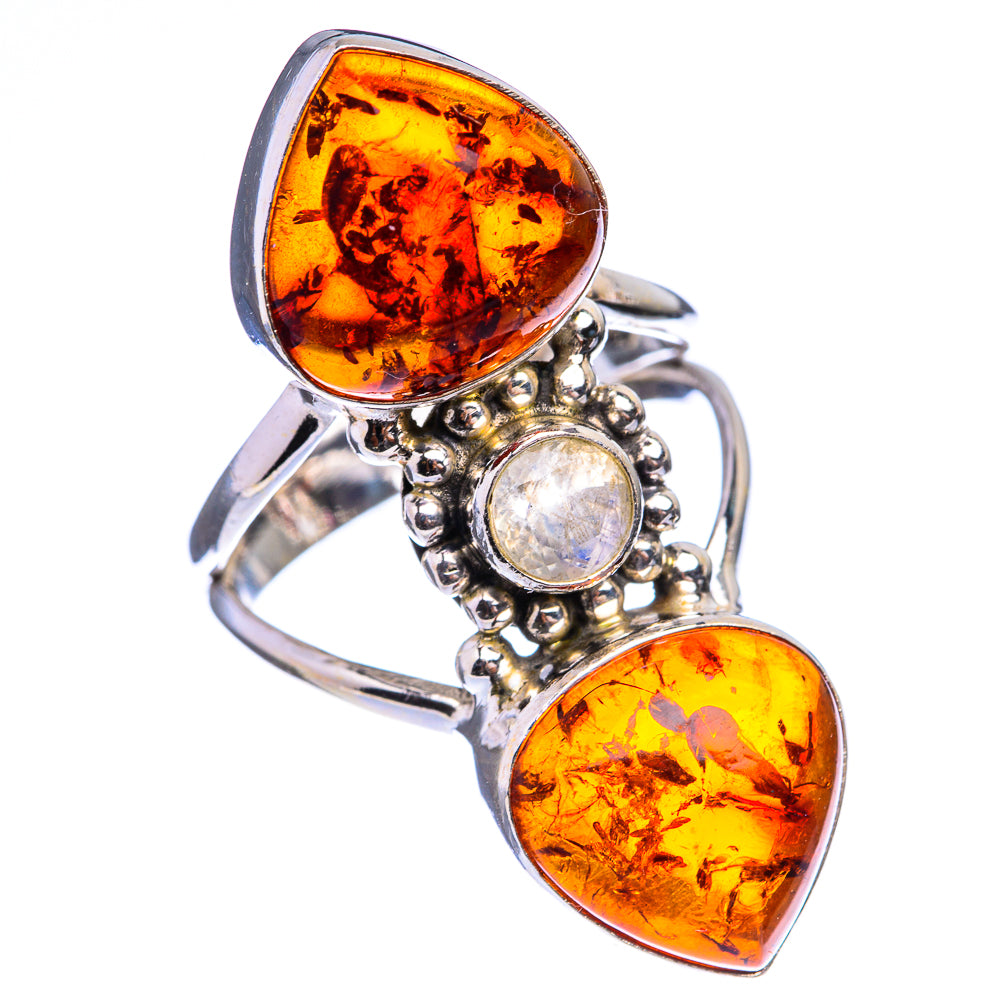 Sterling silver amber ring, two orange teardrop stones with round rainbow moonstone center