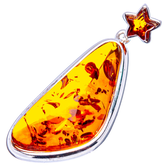 Yellow amber teardrop pendant with star charm, .925 sterling silver setting