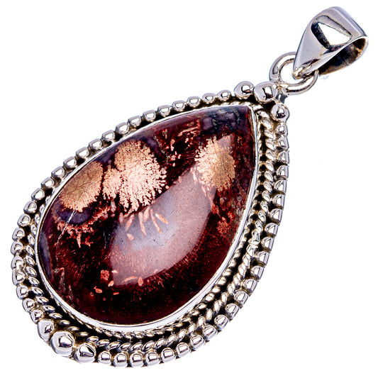 Teardrop brown and red jasper pendant with silver beaded border and clasp loop bail.