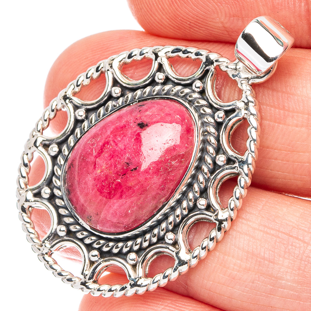 Rhodonite oval pendant in ornate 925 sterling silver bezel with hinged bail