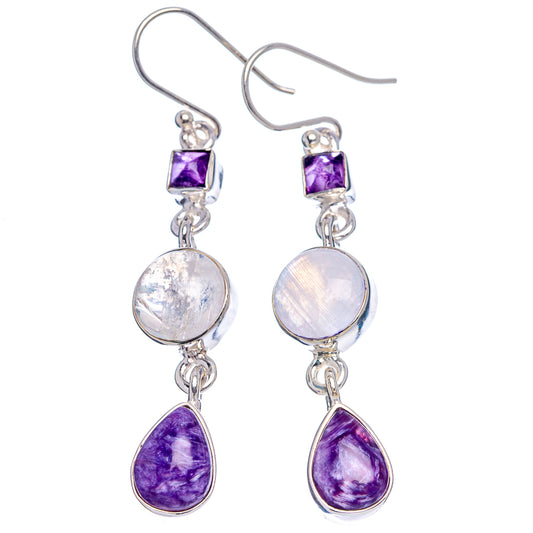 Sterling silver drop earrings with square amethyst tops, round opal-like beads, and purple teardrops