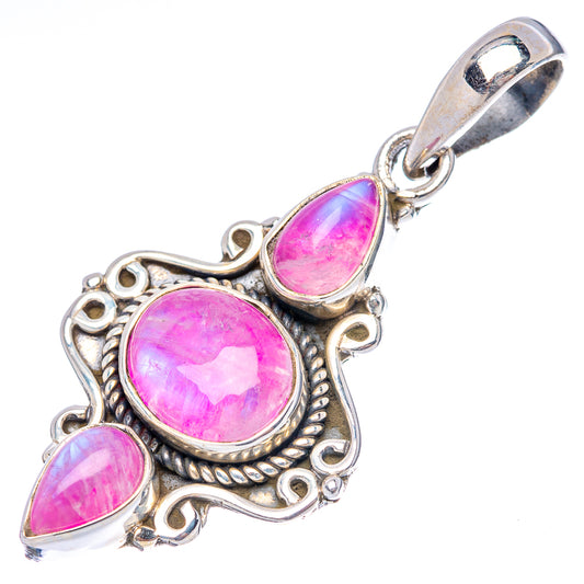 Pink moonstone pendant in .925 sterling silver, filigree setting with three pink teardrop stones