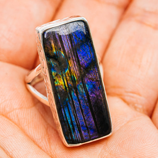 Rectangular labradorite sterling silver ring, blue and gold iridescent glow
