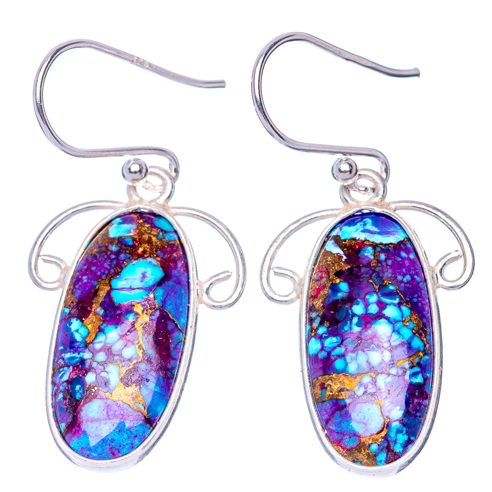 Oval turquoise spiny oyster earrings on sterling silver lever-back hooks, vivid blue/purple