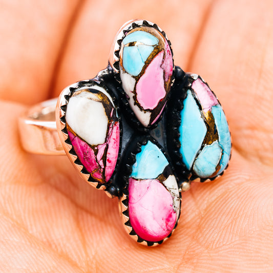Southwestern-style adjustable gemstone inlay ring with pink, turquoise, and white oval stones