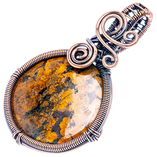 Oxidized copper teardrop wire-wrap pendant with mottled yellow and dark agate cabochon