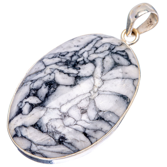 Pinolith jasper pendant, oval .925 sterling silver bezel; white stone with black veining