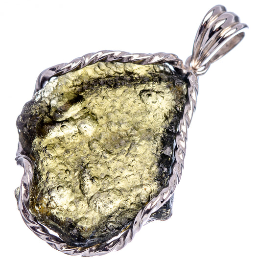 Moldavite pendant with rough yellow-green stone in twisted silver bezel, loop bail