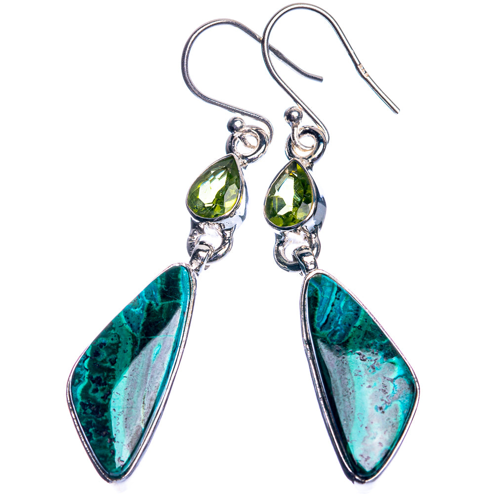 Malachite In Chrysocolla, Peridot 925 Sterling Silver Earrings 2 1/8"