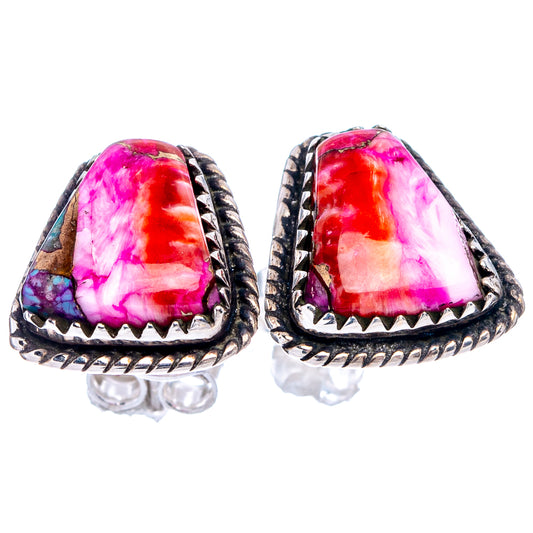 Sterling silver teardrop earrings with pink-red-purple gemstone cabochons, turquoise accents