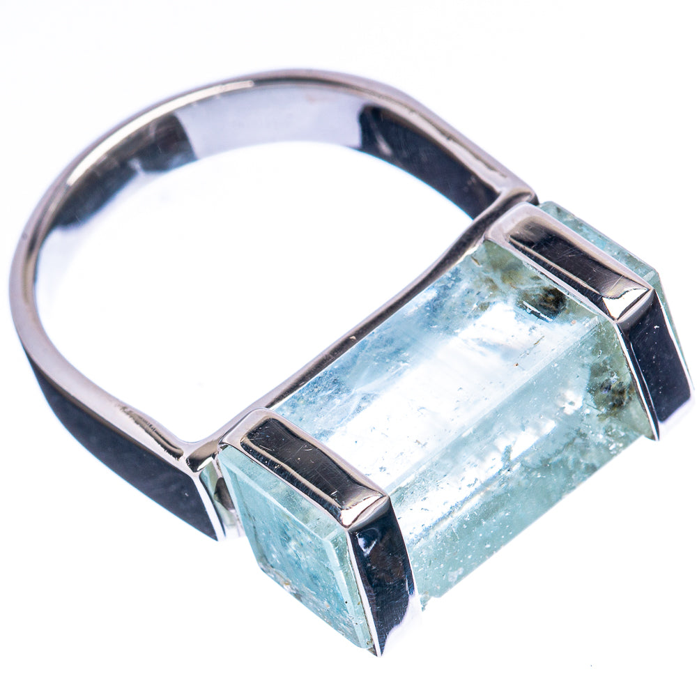 Sterling silver aquamarine ring with rectangular faceted stone, top view