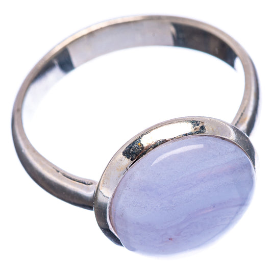 Sterling silver oval gemstone ring with blue lace agate cabochon in bezel
