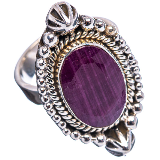 Oval purple gemstone sterling silver adjustable ring with leaf-like prong details