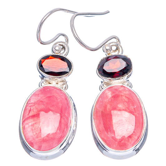 Sterling silver drop earrings with dark red faceted stones and pink oval rhodochrosite