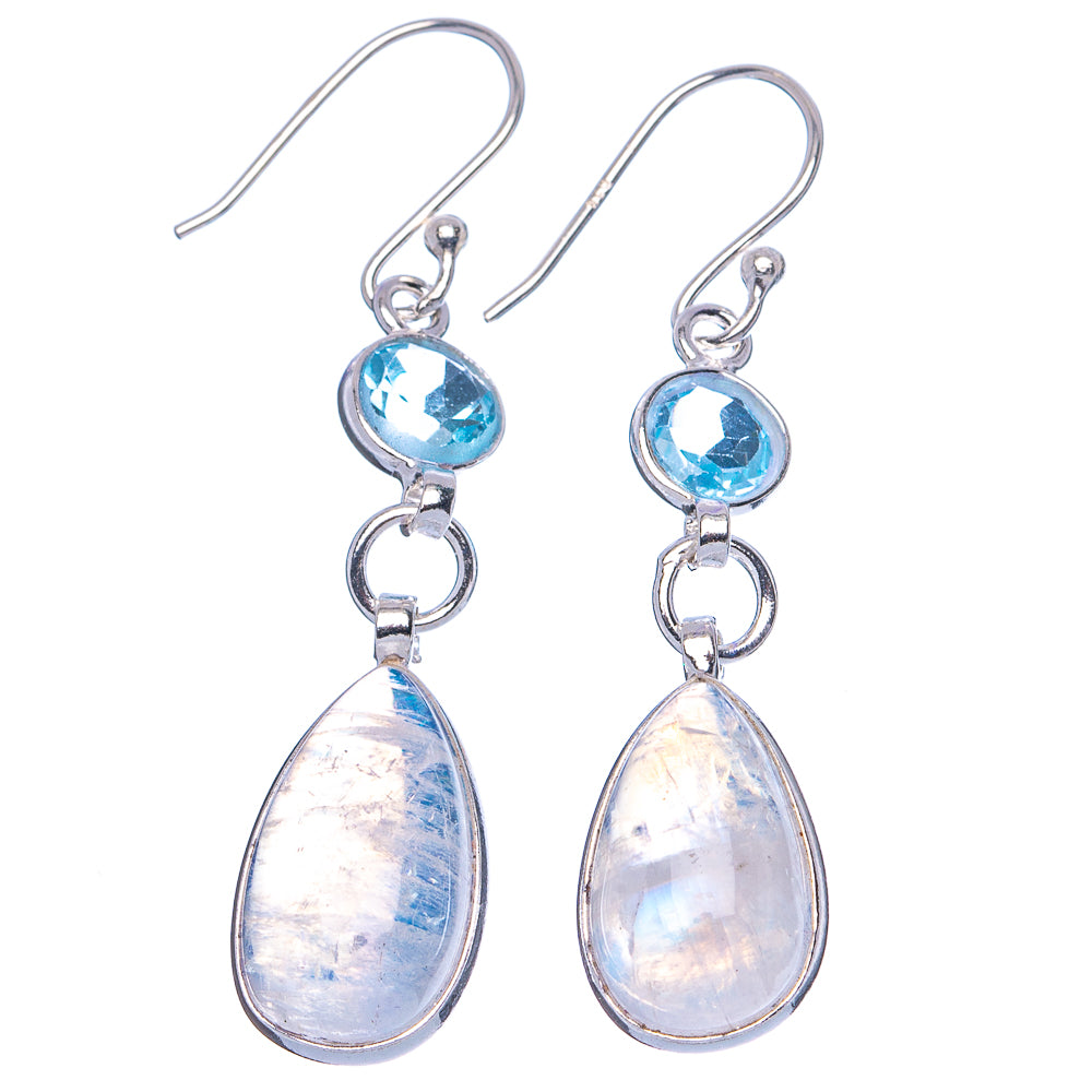 Rainbow Moonstone, Blue Topaz Earrings 1 7/8" (.925 Sterling Silver)