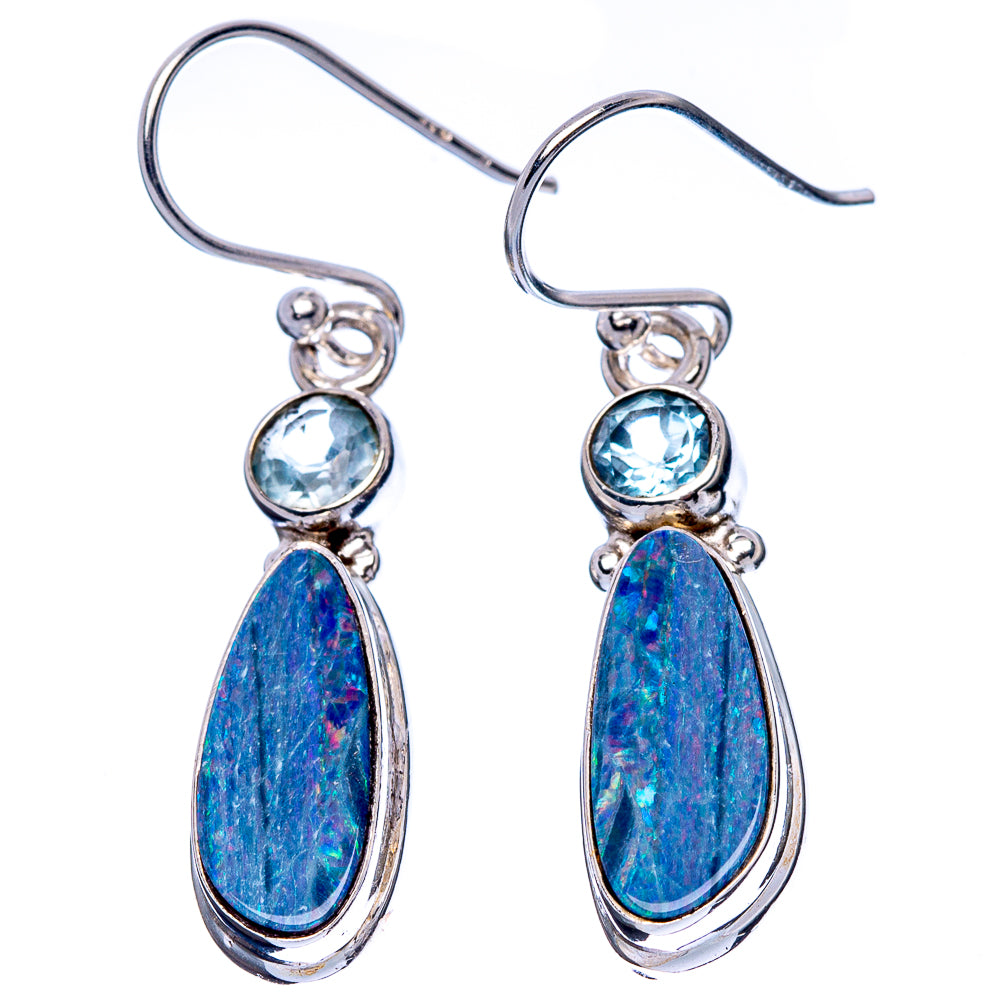 Rare Doublet Opal, Blue Topaz Earrings 1 1/2" (925 Sterling Silver) E1651