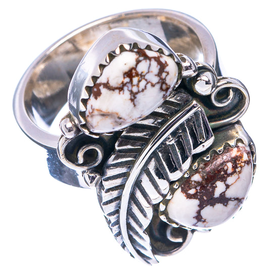 Adjustable sterling silver ring with two oval wild horse jasper stones and feathered leaf motif