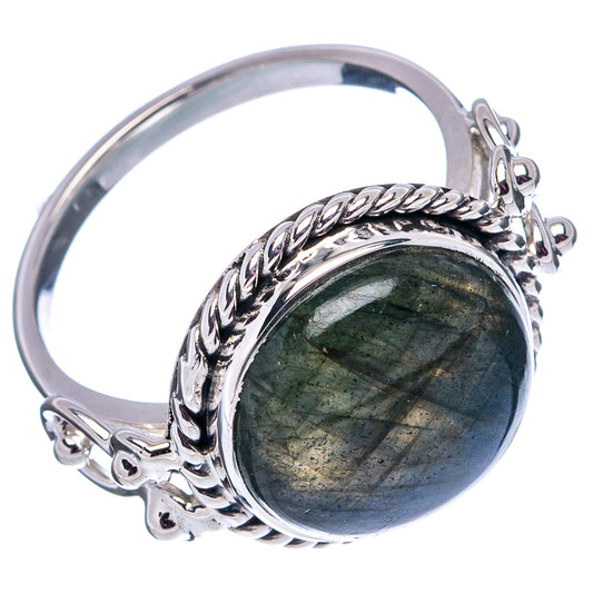 Sterling silver labradorite ring, oval dark green cabochon with braided bezel and side accents