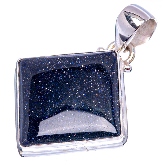 Sterling silver blue goldstone square pendant, bezel-set with arched bail