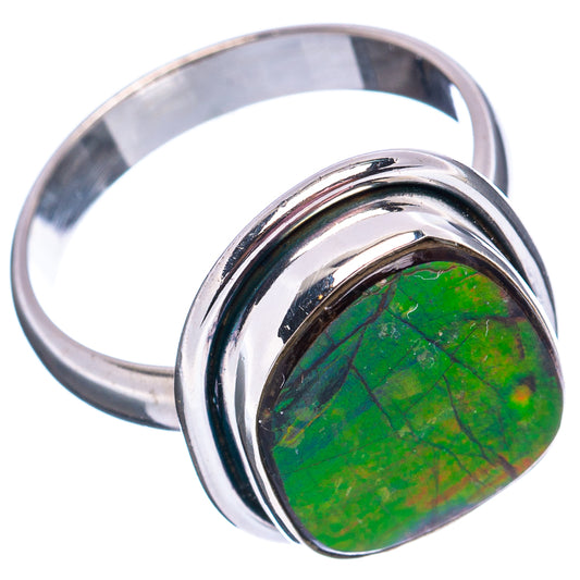 Sterling silver ammolite ring with green oval gemstone, side view, size 8.75
