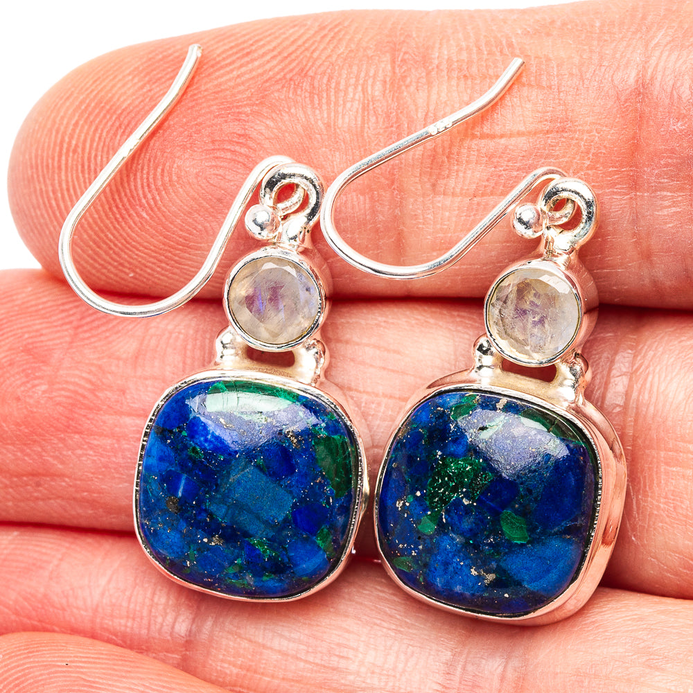 Premium Azurite In Malachite, Rainbow Moonstone Earrings 1 3/8" (.925 Sterling Silver)